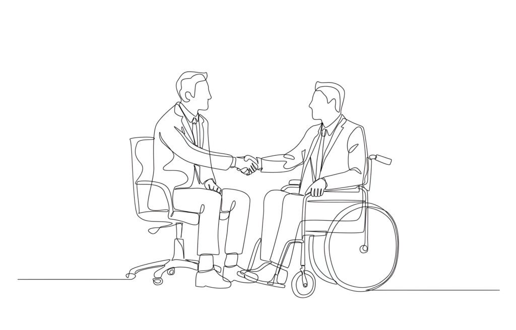 continuous-one-line-drawing-of-businessman-employer-handshaking-with-new-disabled-employee-on-wheelchair-employment-of-disabled-person-concept-single-line-art-vector